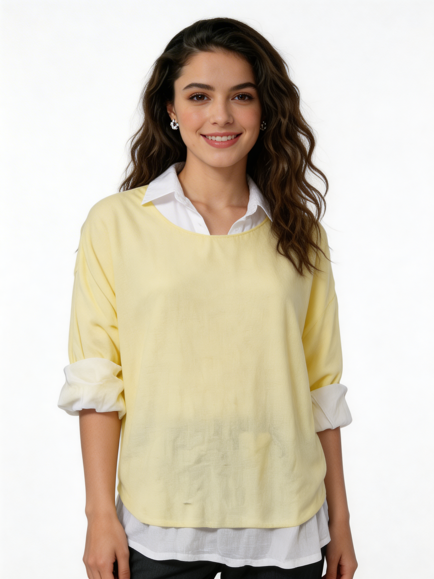 2-in-1 Gelaagde Shirt Top | Oversized Top met Witte Shirt Onderlaag - Citroen