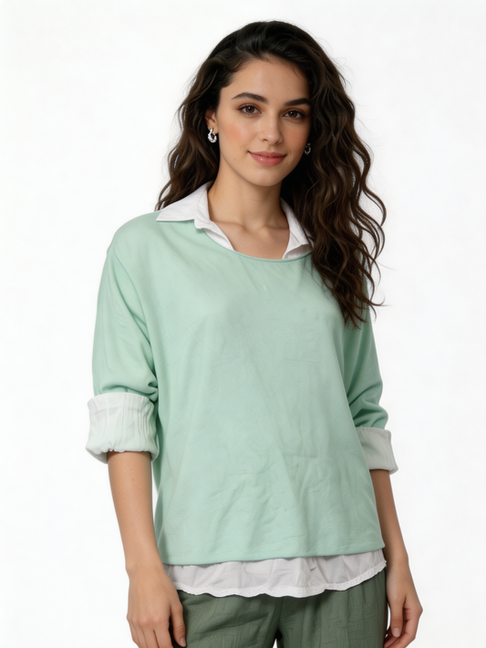 2-in-1 Layered Shirt Top |  Oversized Top with White Shirt Underlay - Mint