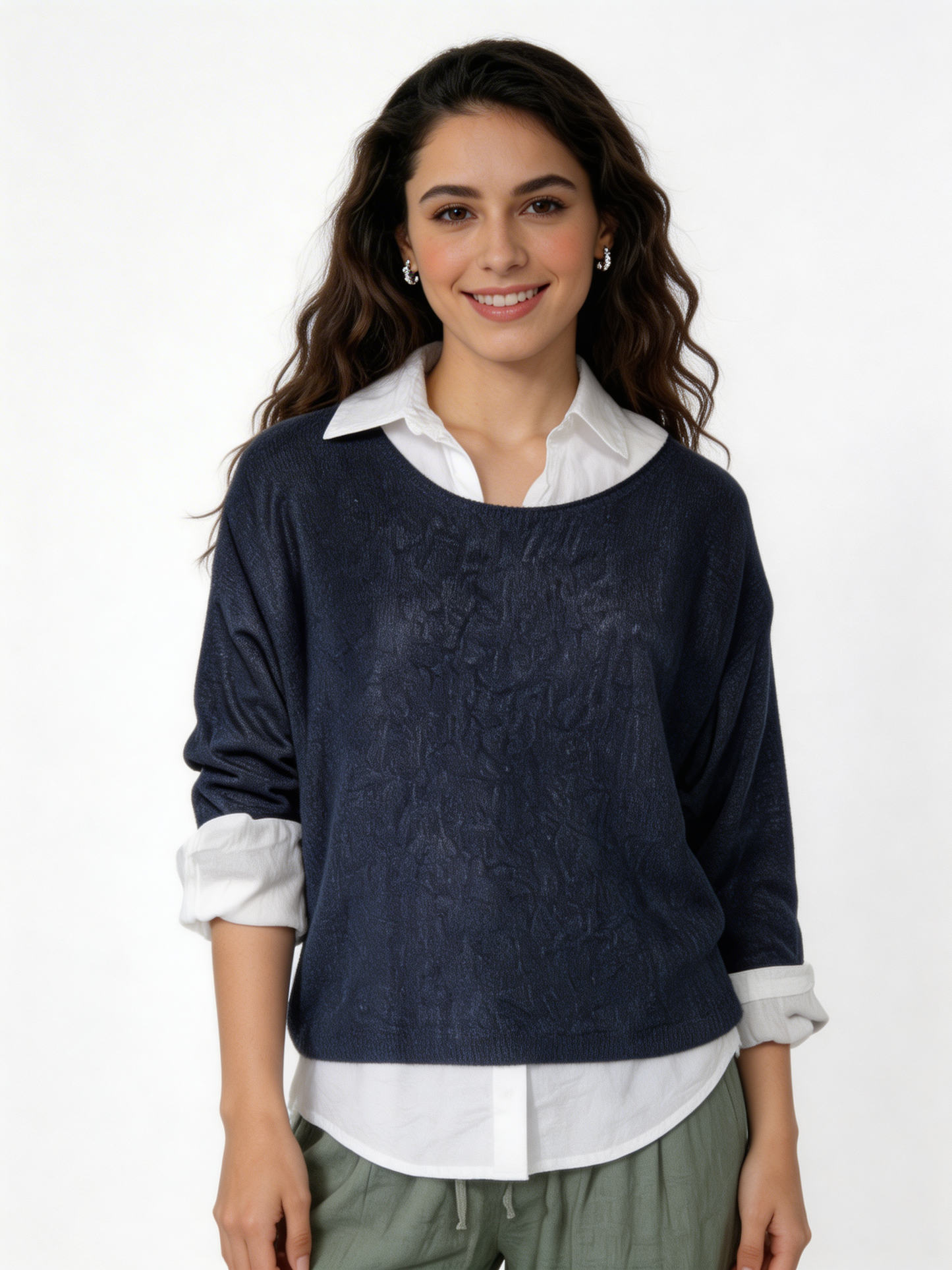 2-in-1 Layered Shirt Top |  Oversized Top with White Shirt Underlay - Navy