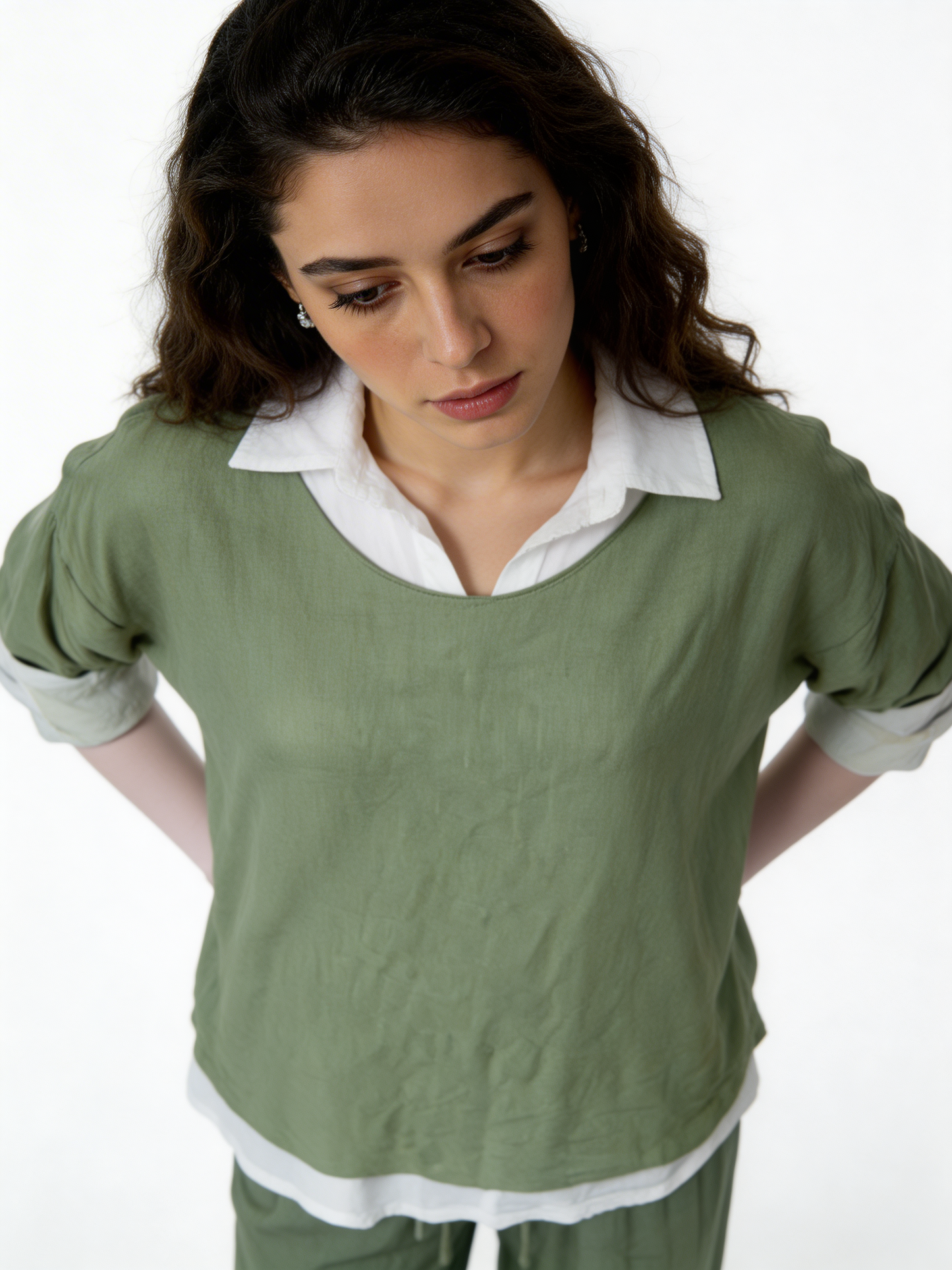 2-in-1 Layered Shirt Top |  Oversized Top with White Shirt Underlay - Sage