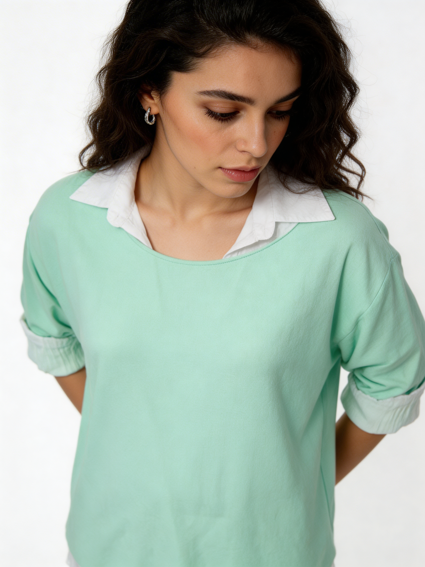 2-in-1 Layered Shirt Top |  Oversized Top with White Shirt Underlay - Mint
