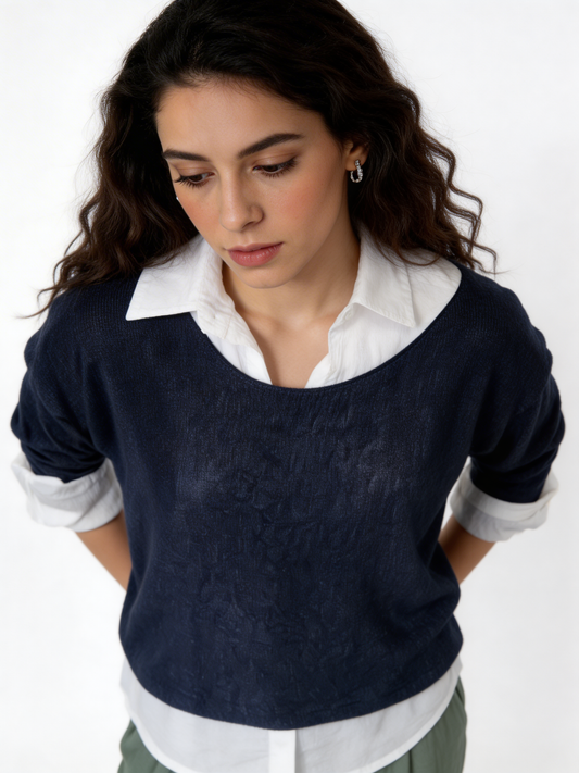 2-in-1 Layered Shirt Top |  Oversized Top with White Shirt Underlay - Navy