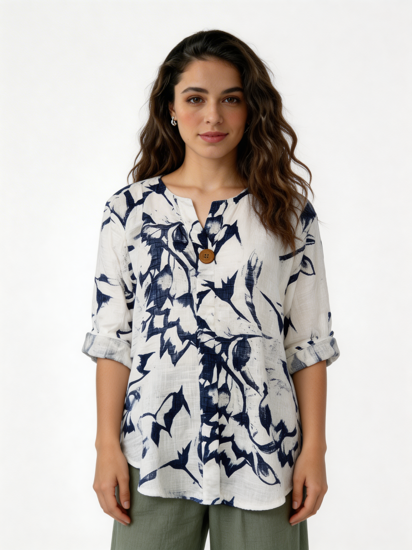 Botanical Print Linen Blend Tunic Floral Shirt with Wooden Button Detail - White