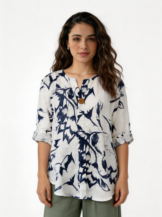Botanical Print Linen Blend Tunic Floral Shirt with Wooden Button Detail - White
