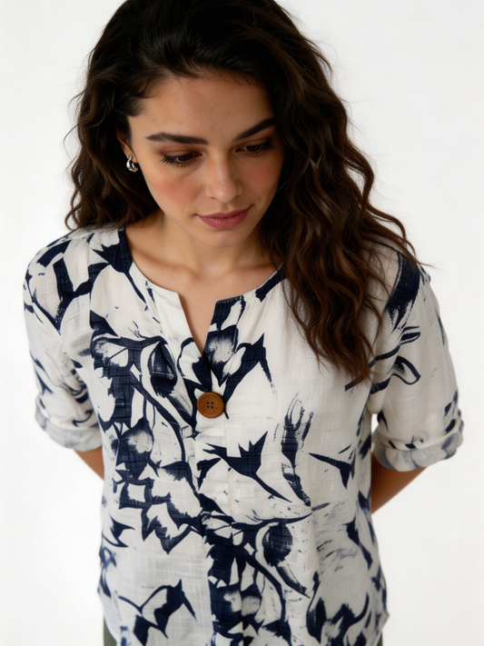 Botanical Print Linen Blend Tunic Floral Shirt with Wooden Button Detail - White