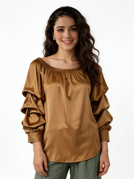 Pofmouw Bardot Blouse Geplooide Halslijn Top - Mokka