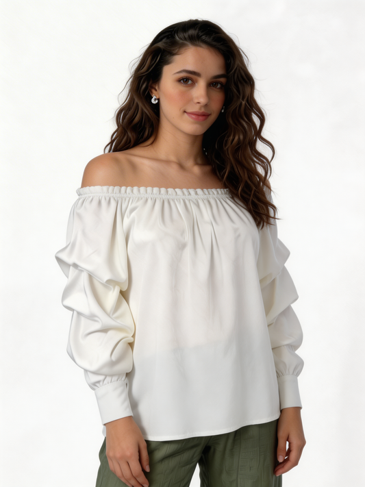 Puff Sleeve Bardot Blouse Gathered Neckline Top - White