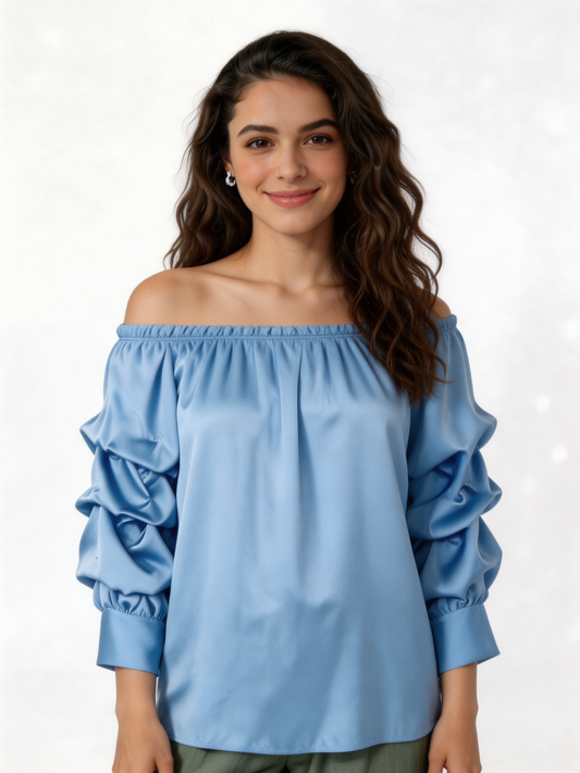 Puff Sleeve Bardot Blouse Gathered Neckline Top - Sky Blue