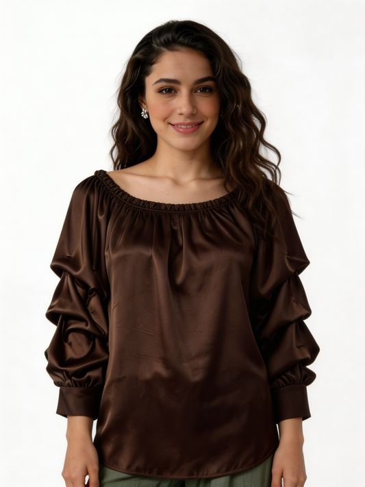 Puff Sleeve Bardot Blouse Gathered Neckline Top - Brown