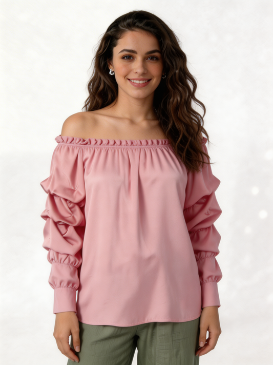 Puff Sleeve Bardot Blouse Gathered Neckline Top - Soft Pink