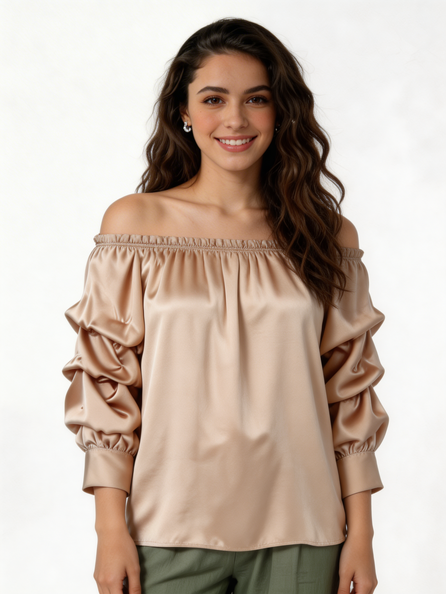 Puff Sleeve Bardot Blouse Gathered Neckline Top - Beige