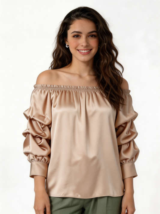 Puff Sleeve Bardot Blouse Gathered Neckline Top - Beige