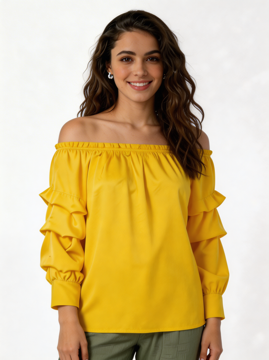 Puff Sleeve Bardot Blouse Gathered Neckline Top - Lemon