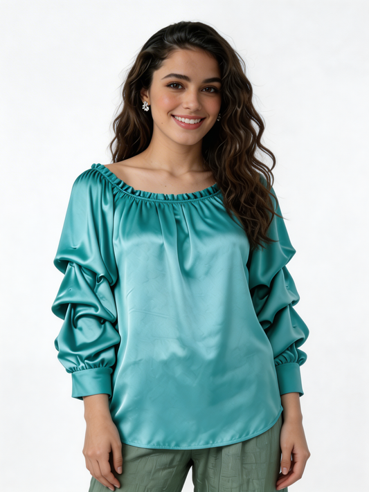 Puff Sleeve Bardot Blouse Gathered Neckline Top - Mint
