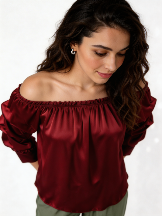 Puff Sleeve Bardot Blouse Gathered Neckline Top - Burgundy