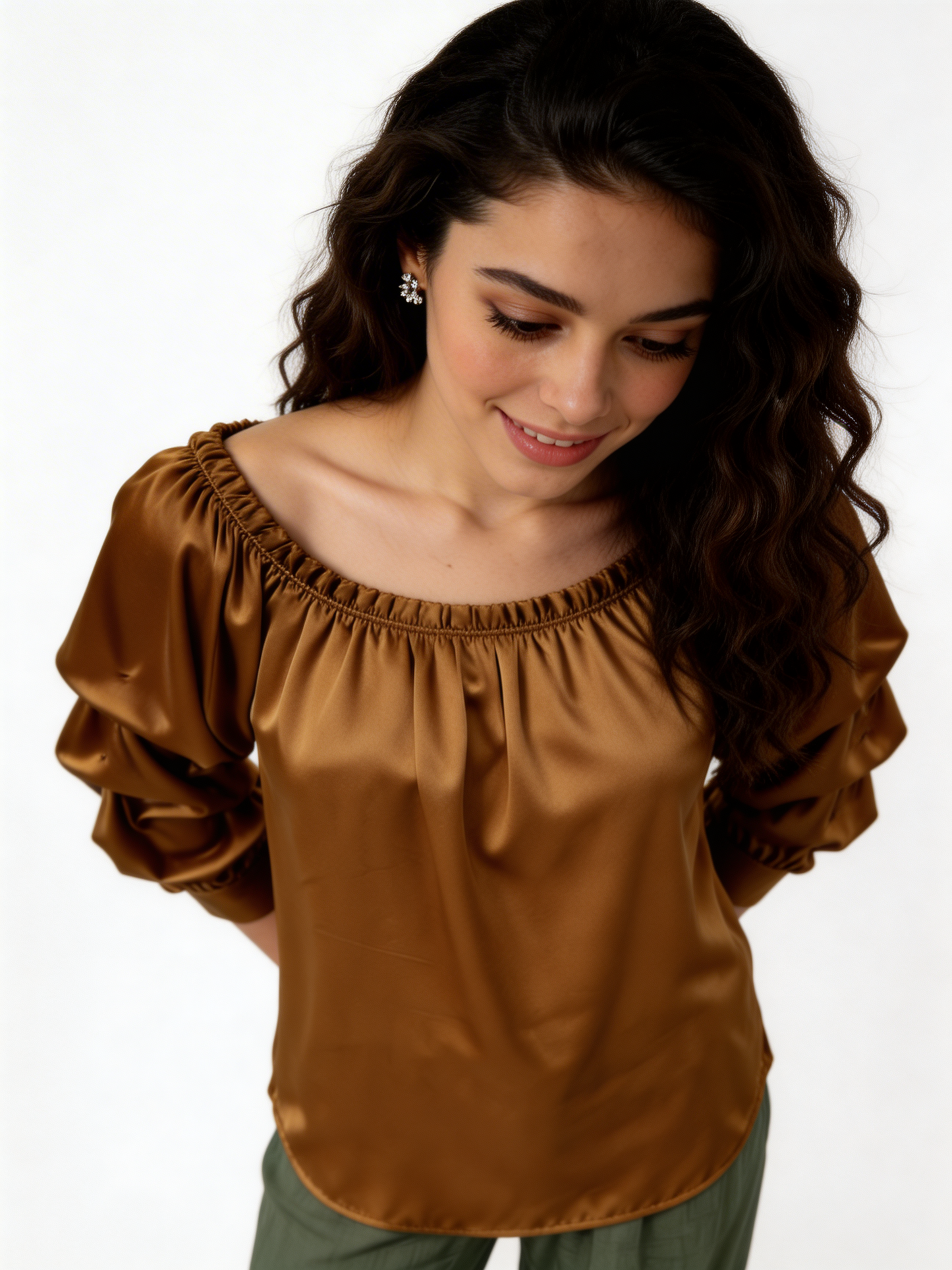 Puff Sleeve Bardot Blouse Gathered Neckline Top - Mocha