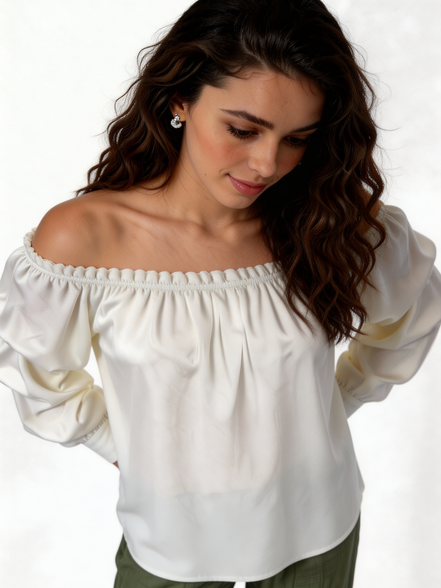 Puff Sleeve Bardot Blouse Gathered Neckline Top - White