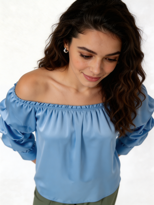 Puff Sleeve Bardot Blouse Gathered Neckline Top - Sky Blue