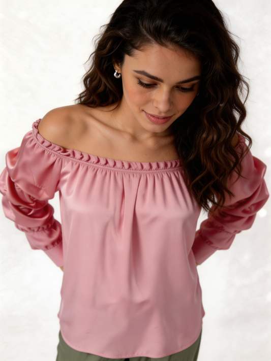 Puff Sleeve Bardot Blouse Gathered Neckline Top - Soft Pink