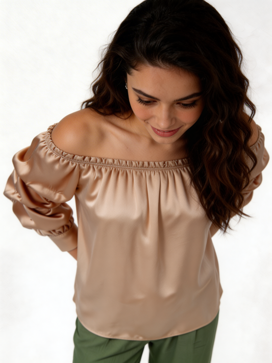 Puff Sleeve Bardot Blouse Gathered Neckline Top - Beige
