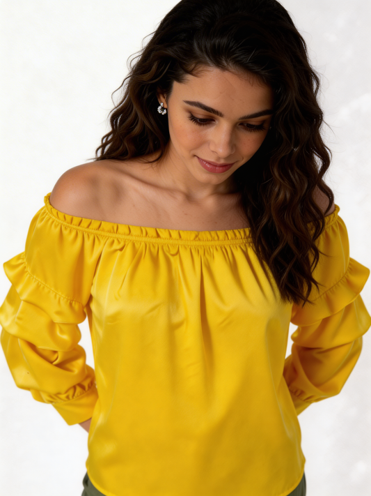 Puff Sleeve Bardot Blouse Gathered Neckline Top - Lemon