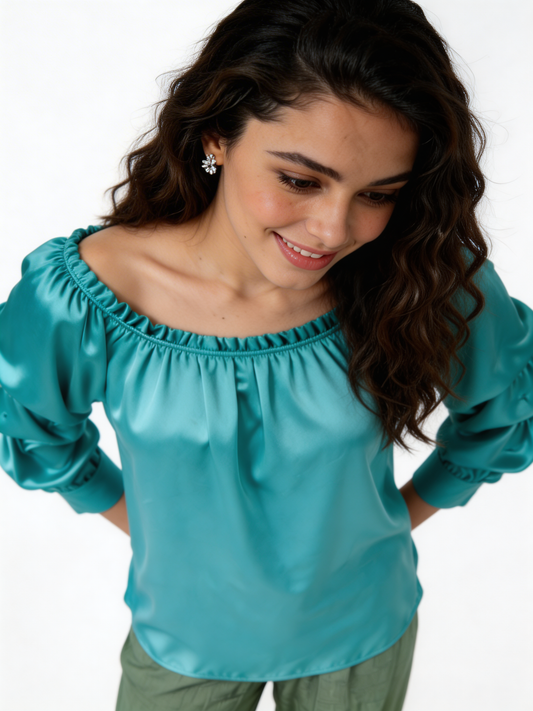 Puff Sleeve Bardot Blouse Gathered Neckline Top - Mint