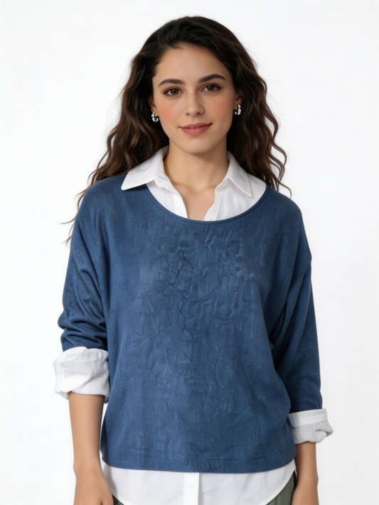 2-in-1 Layered Shirt Top |  Oversized Top with White Shirt Underlay - Denim