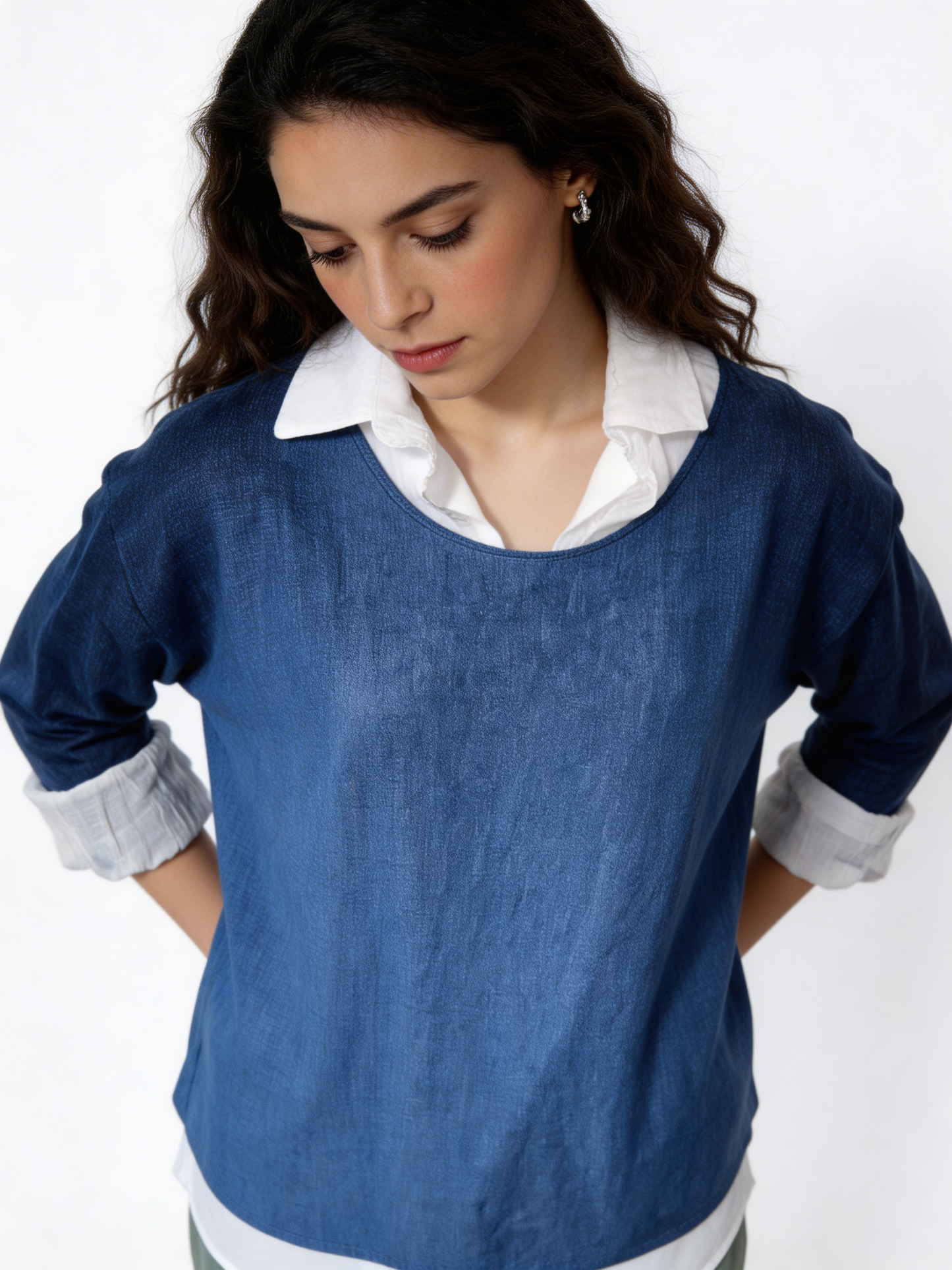 2-in-1 Layered Shirt Top |  Oversized Top with White Shirt Underlay - Denim