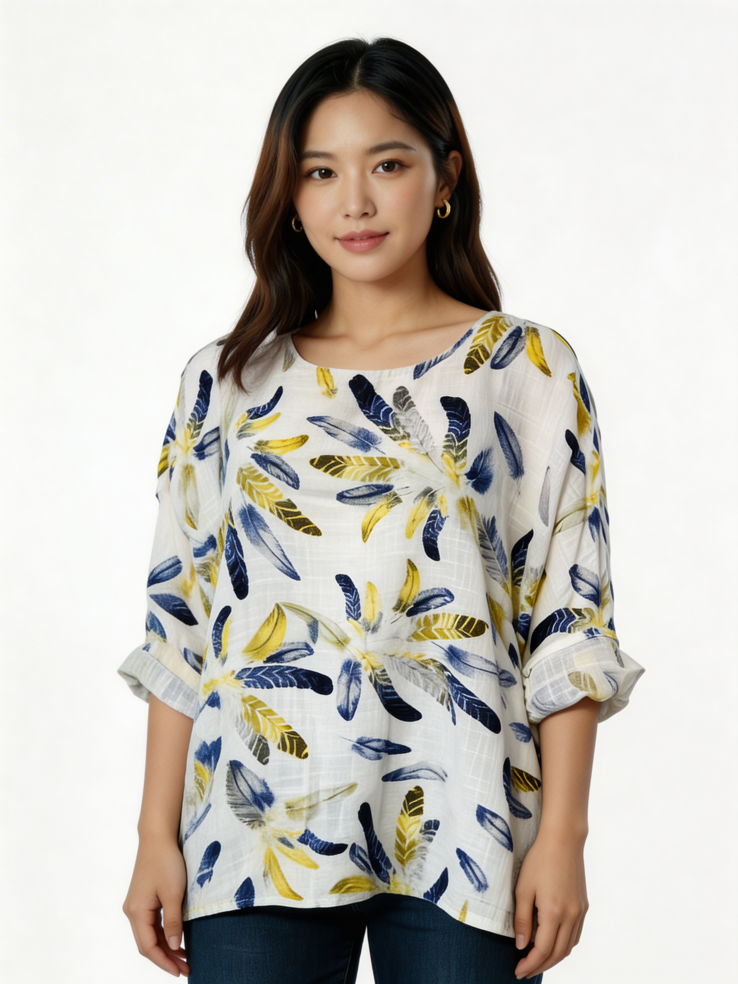 Feather Print Relaxed Linen-Blend Tunic Top - White