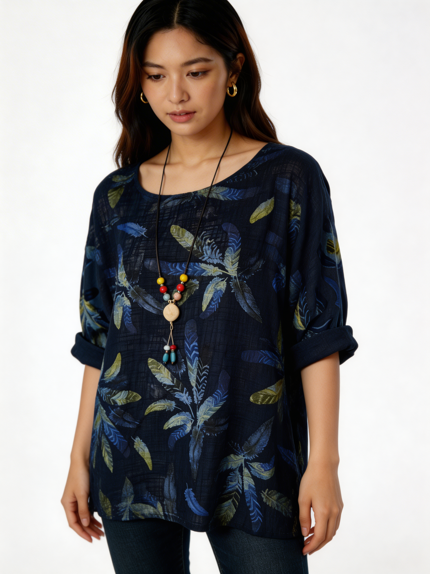 Feather Print Relaxed Linen-Blend Tunic Top - Navy