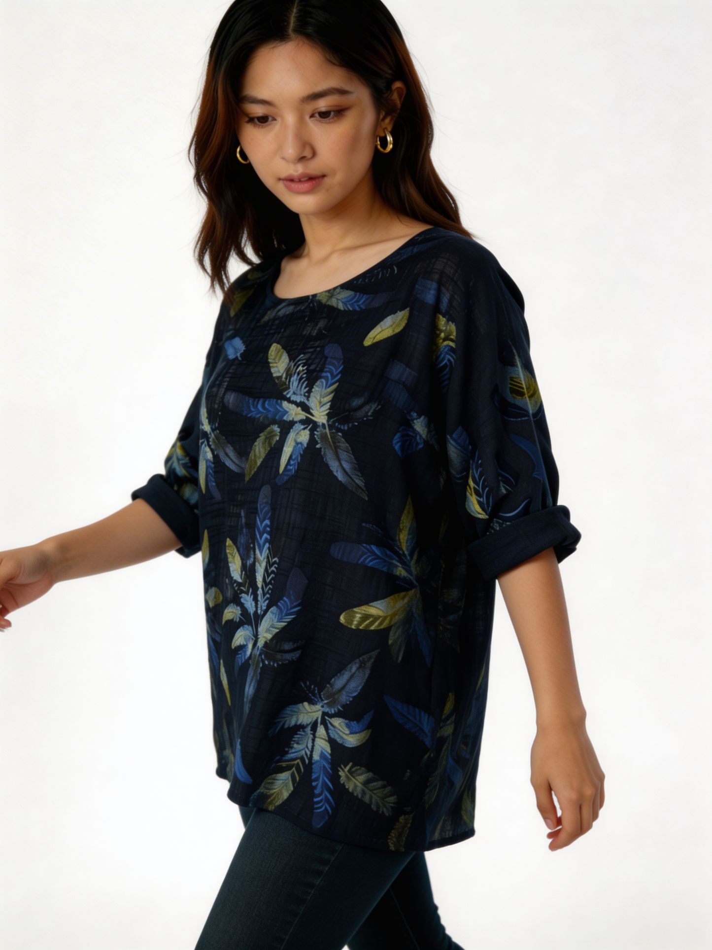 Feather Print Relaxed Linen-Blend Tunic Top - Navy