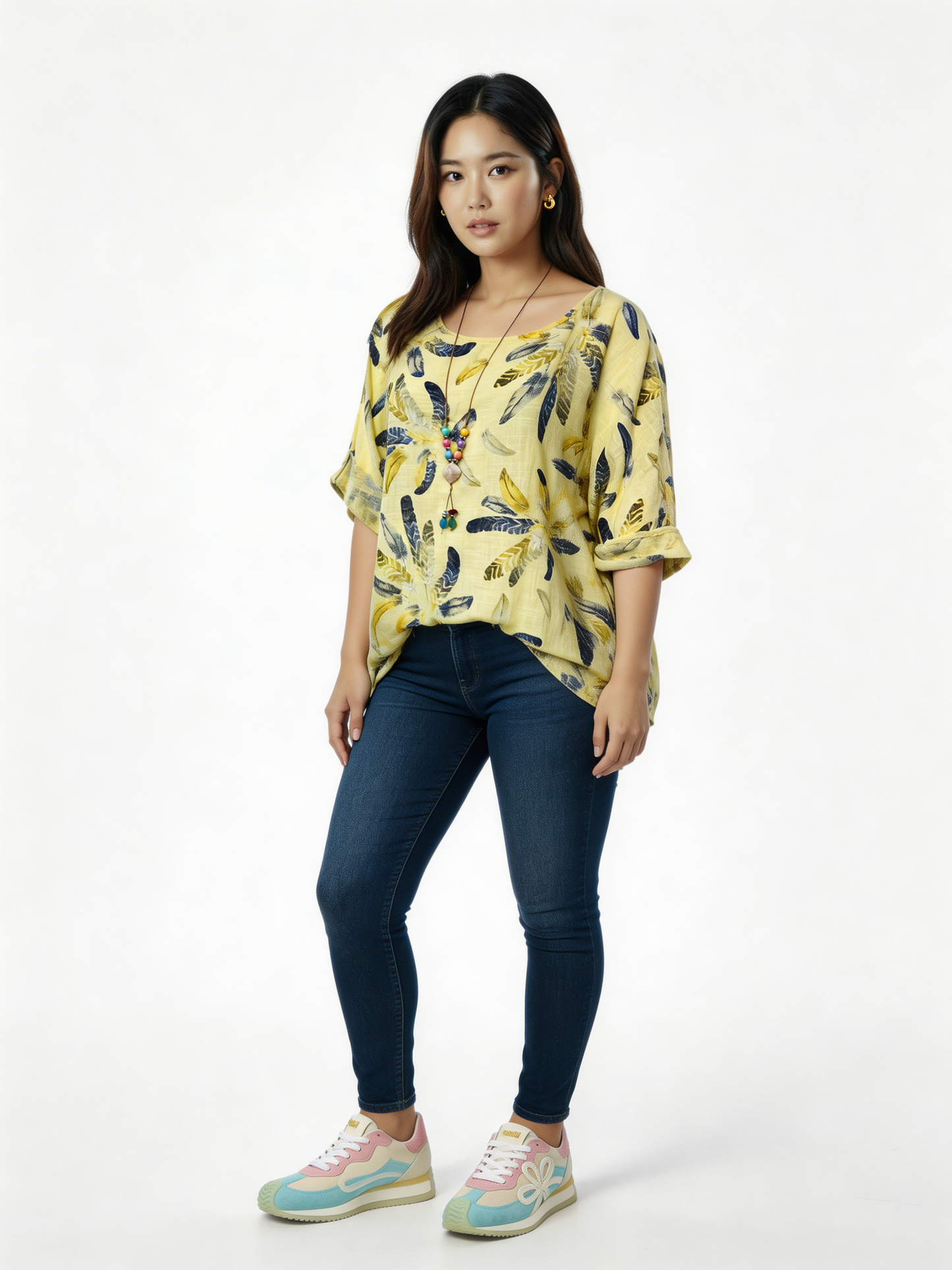 Feather Print Relaxed Linen-Blend Tunic Top - Lemon