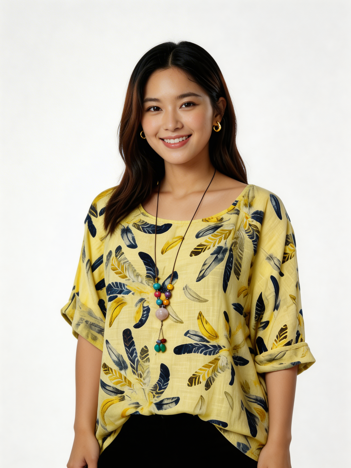 Feather Print Relaxed Linen-Blend Tunic Top - Lemon