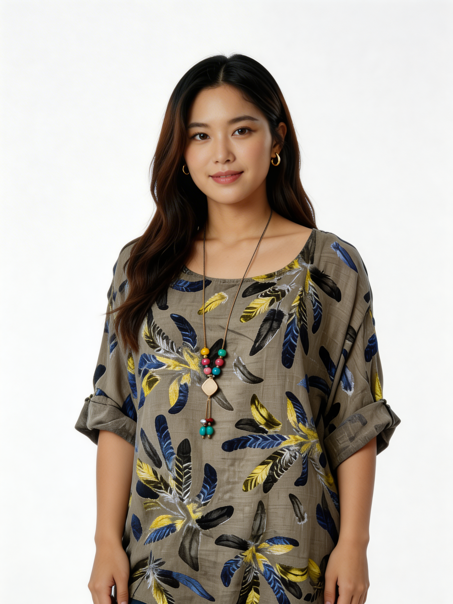 Feather Print Relaxed Linen-Blend Tunic Top - Taupe
