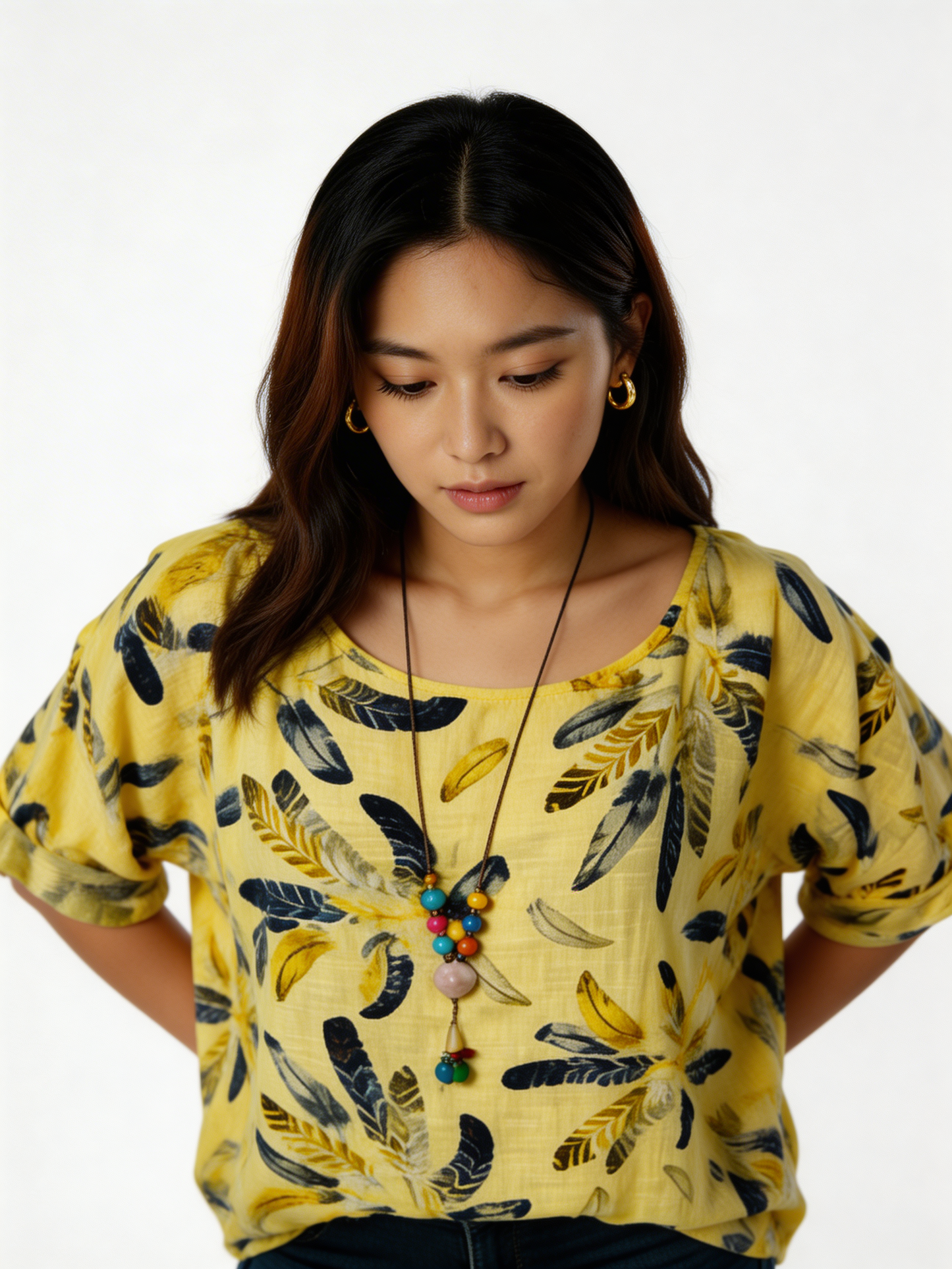 Feather Print Relaxed Linen-Blend Tunic Top - Lemon