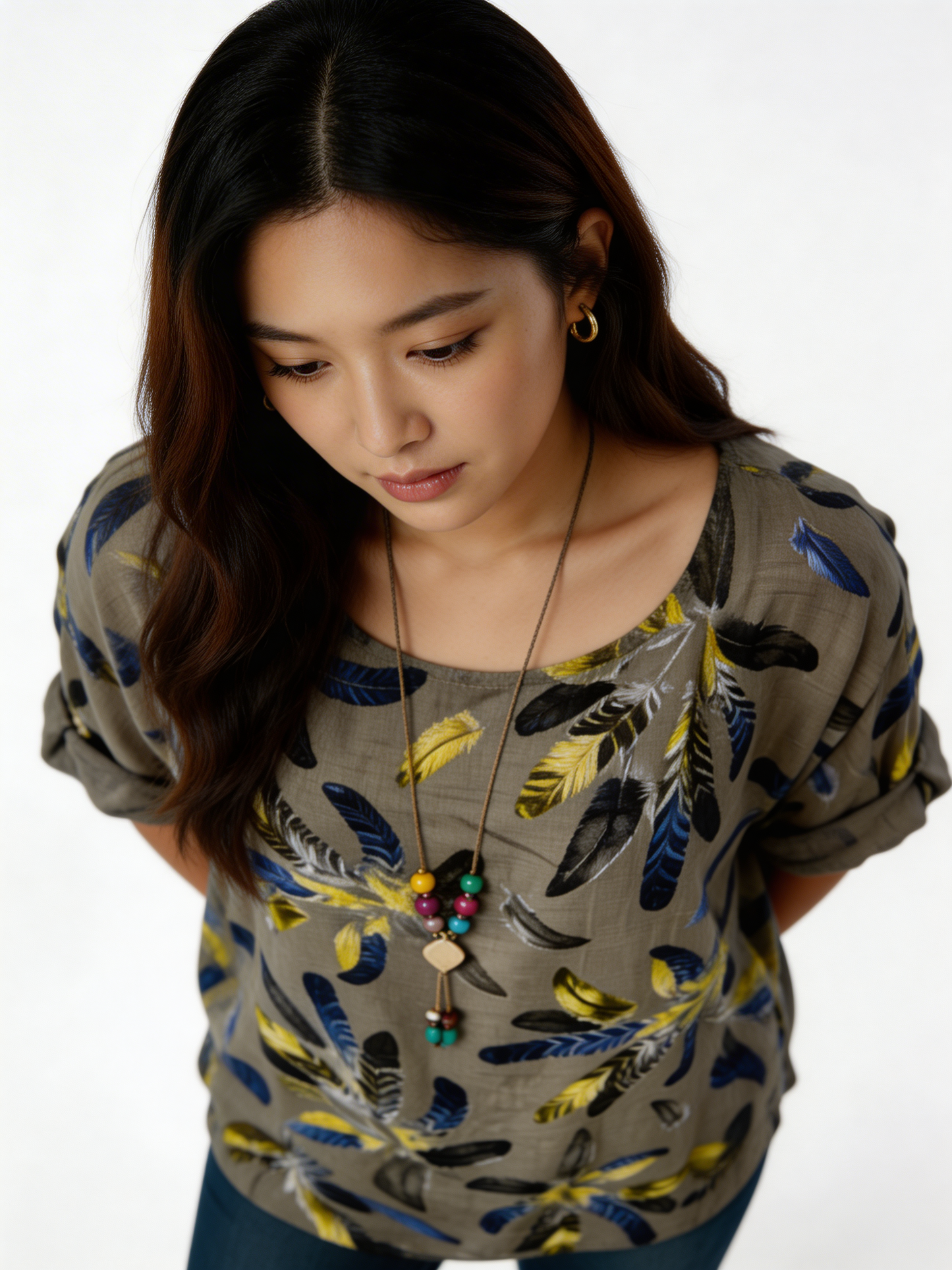 Feather Print Relaxed Linen-Blend Tunic Top - Taupe