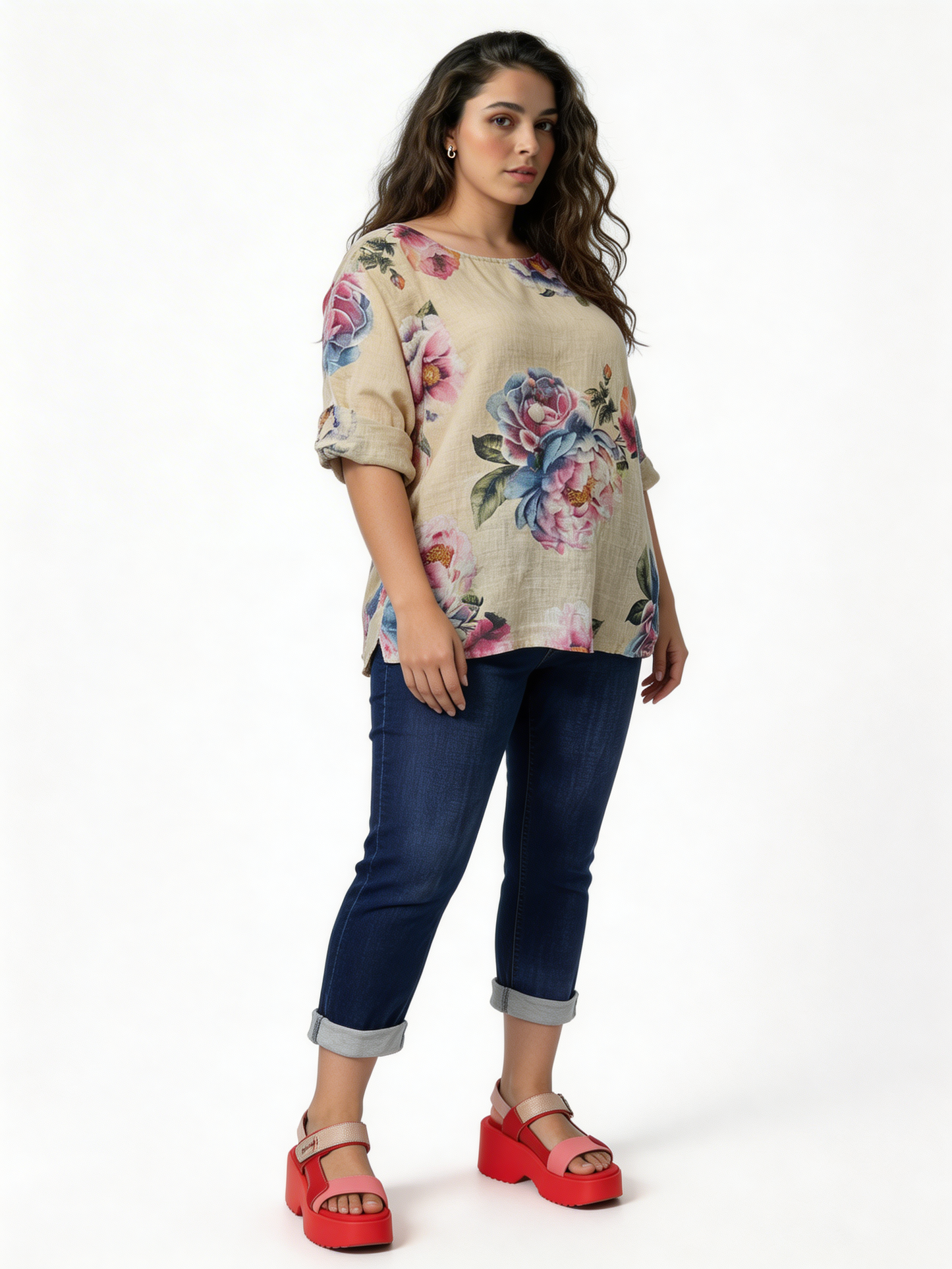 Large Bloom Floral Print Linen-Blend Top - Beige