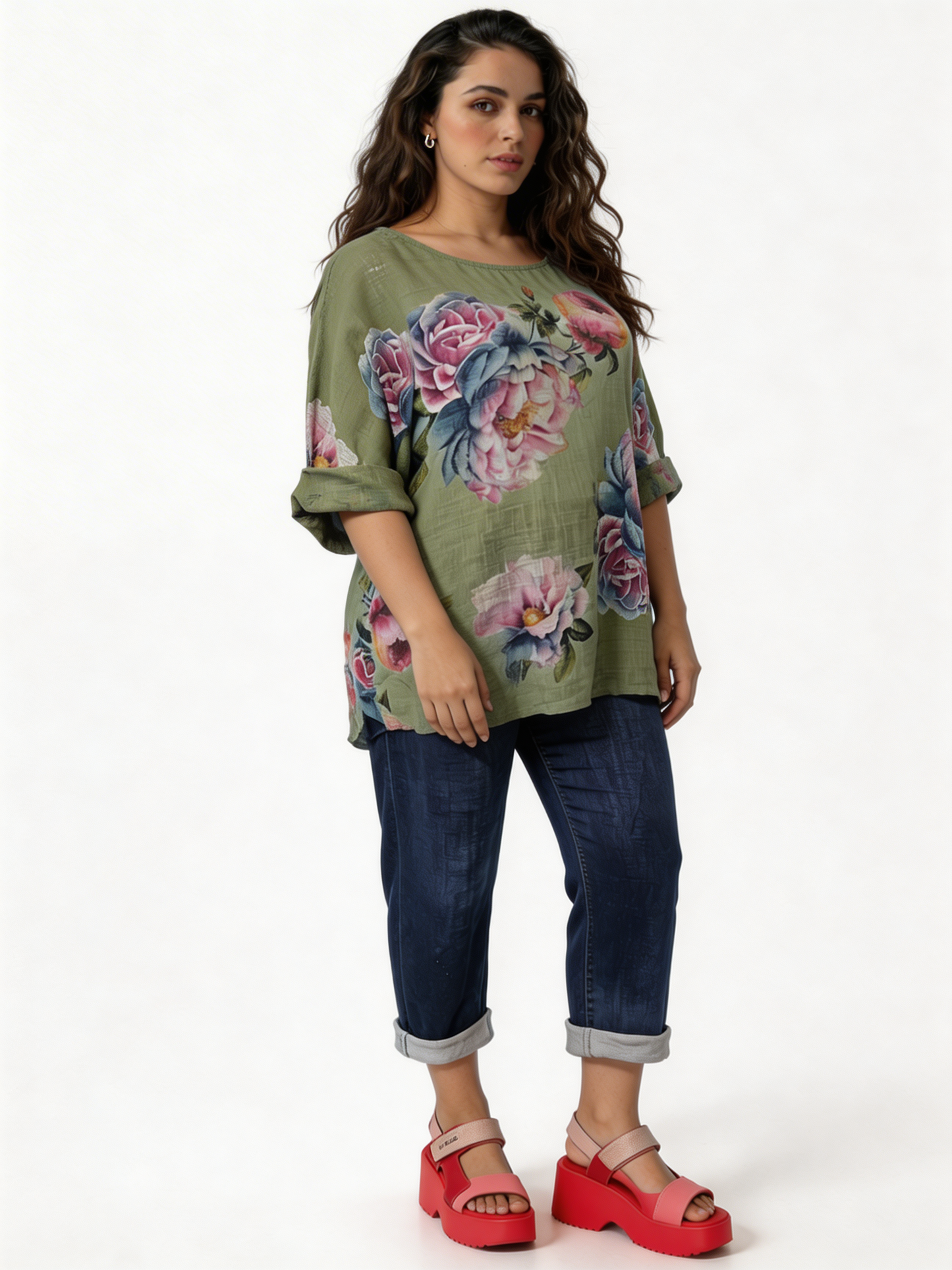 Large Bloom Floral Print Linen-Blend Top - Khaki