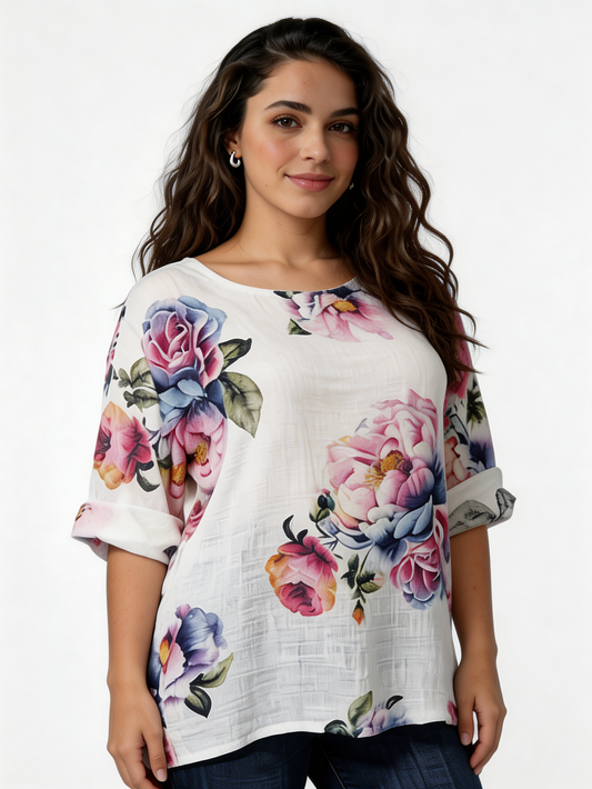 Top van linnenmix met grote bloemenprint - Wit