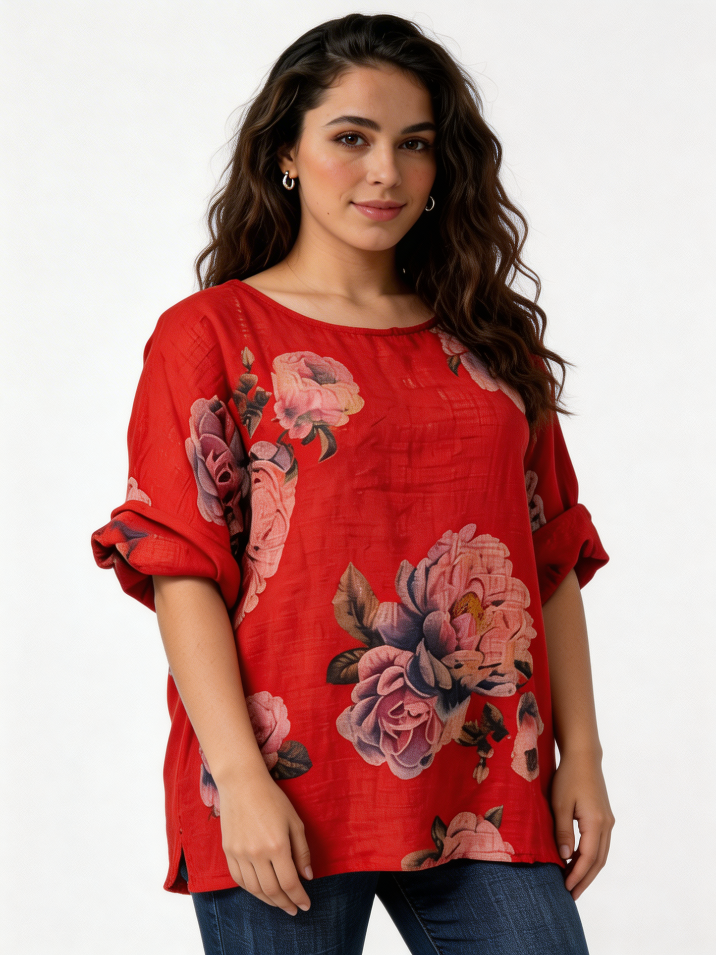Large Bloom Floral Print Linen-Blend Top - Red