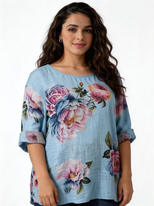 Large Bloom Floral Print Linen-Blend Top - Sky Blue