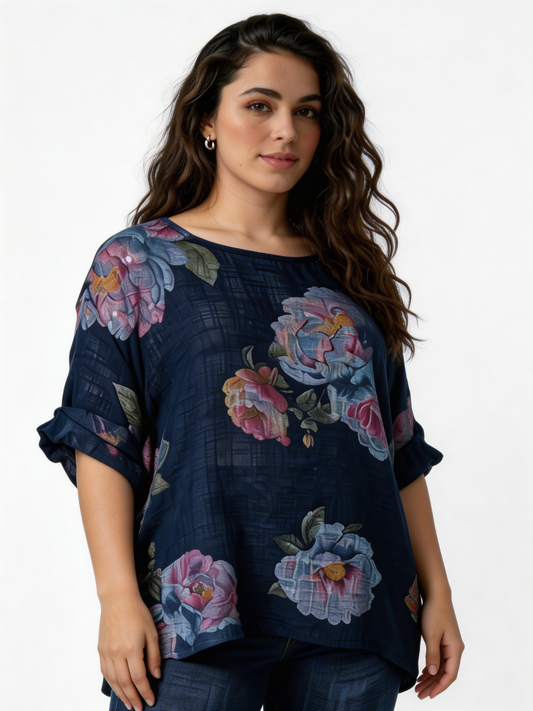 Large Bloom Floral Print Linen-Blend Top - Navy