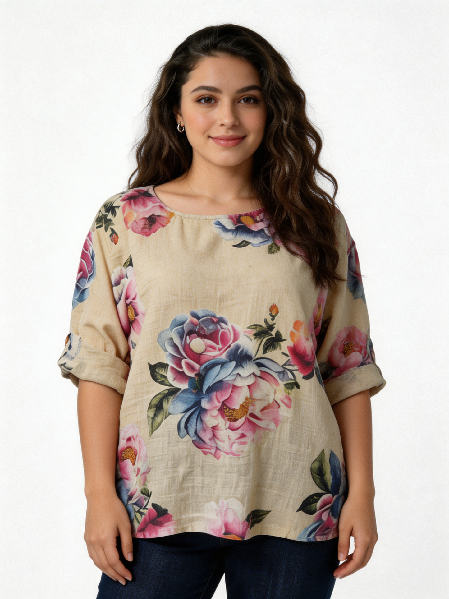 Large Bloom Floral Print Linen-Blend Top - Beige
