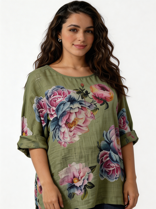 Large Bloom Floral Print Linen-Blend Top - Khaki
