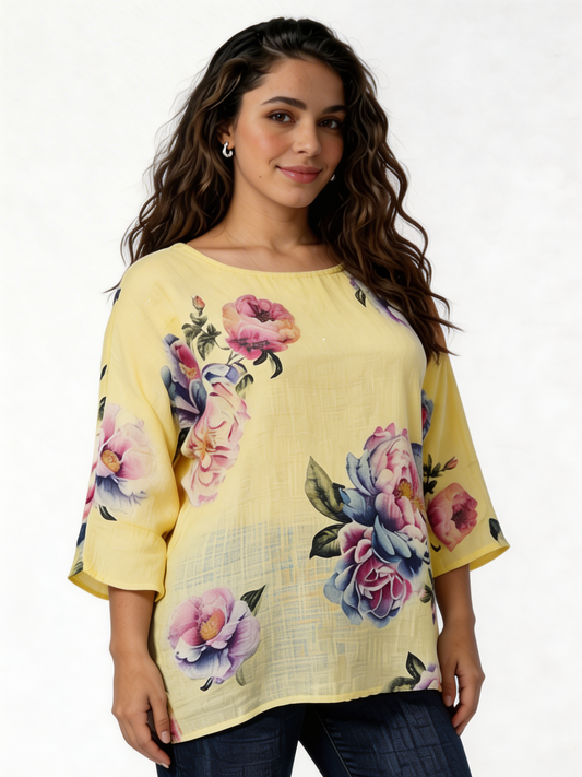 Large Bloom Floral Print Linen-Blend Top - Lemon