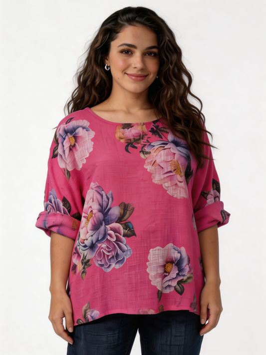 Large Bloom Floral Print Linen-Blend Top - Fuchsia