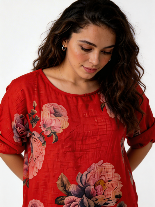 Large Bloom Floral Print Linen-Blend Top - Red