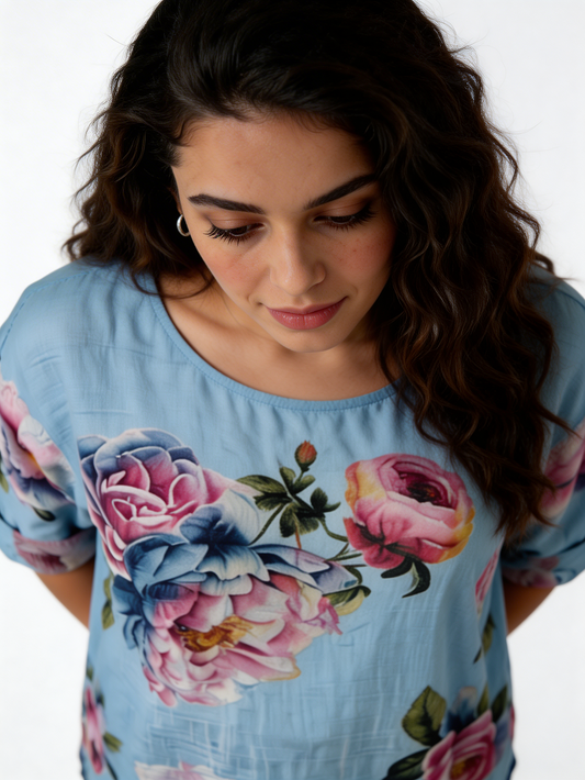 Large Bloom Floral Print Linen-Blend Top - Sky Blue