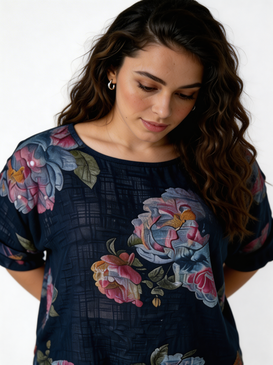 Large Bloom Floral Print Linen-Blend Top - Navy