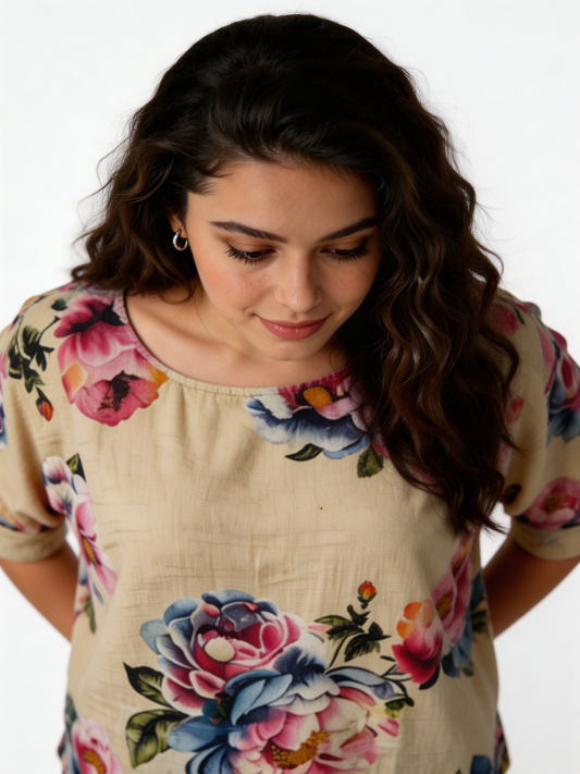 Large Bloom Floral Print Linen-Blend Top - Beige